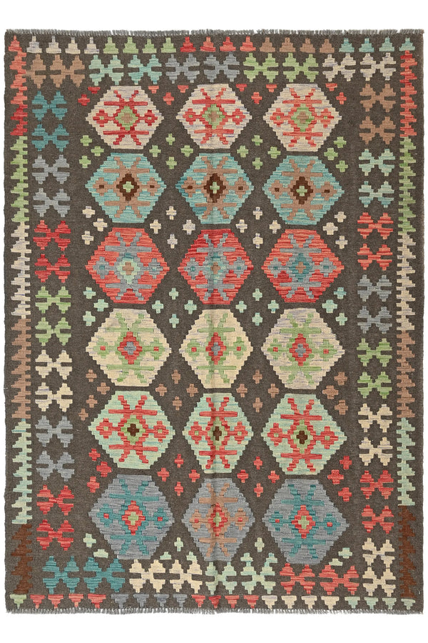 Maimana Kilim Afghan Rug – Charcoal Hexagon