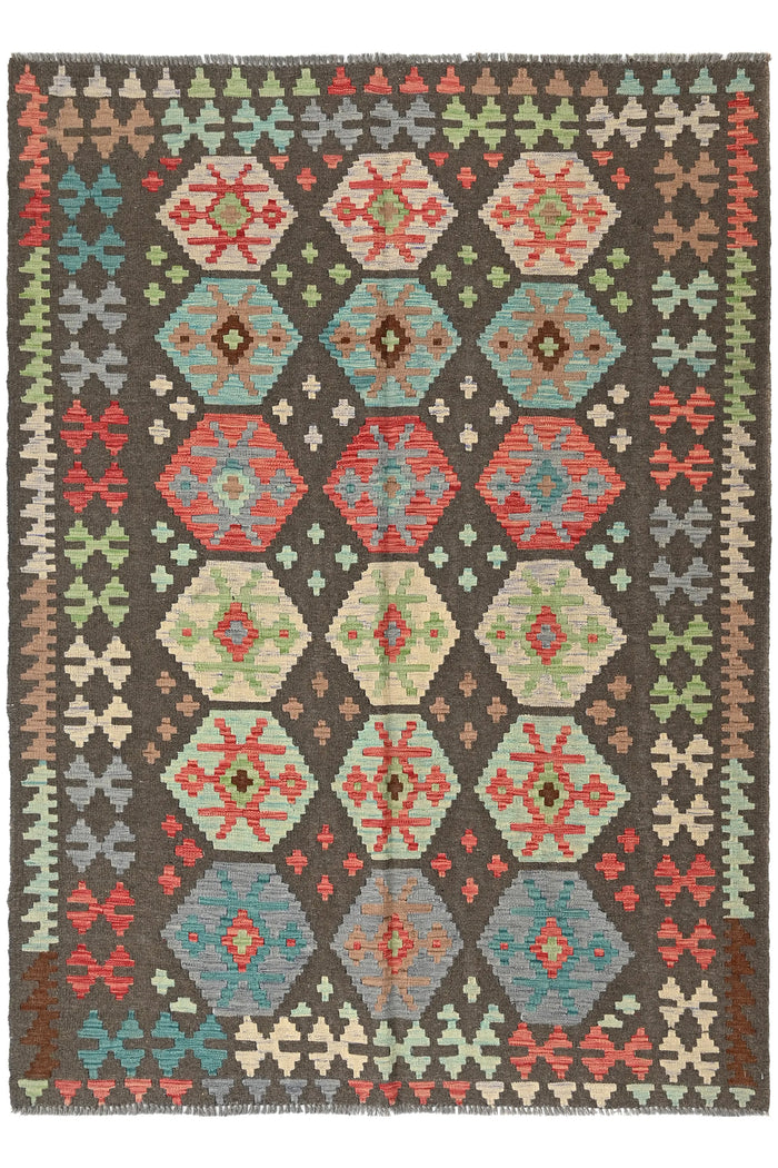 Maimana Kilim Afghan Rug – Charcoal Hexagon