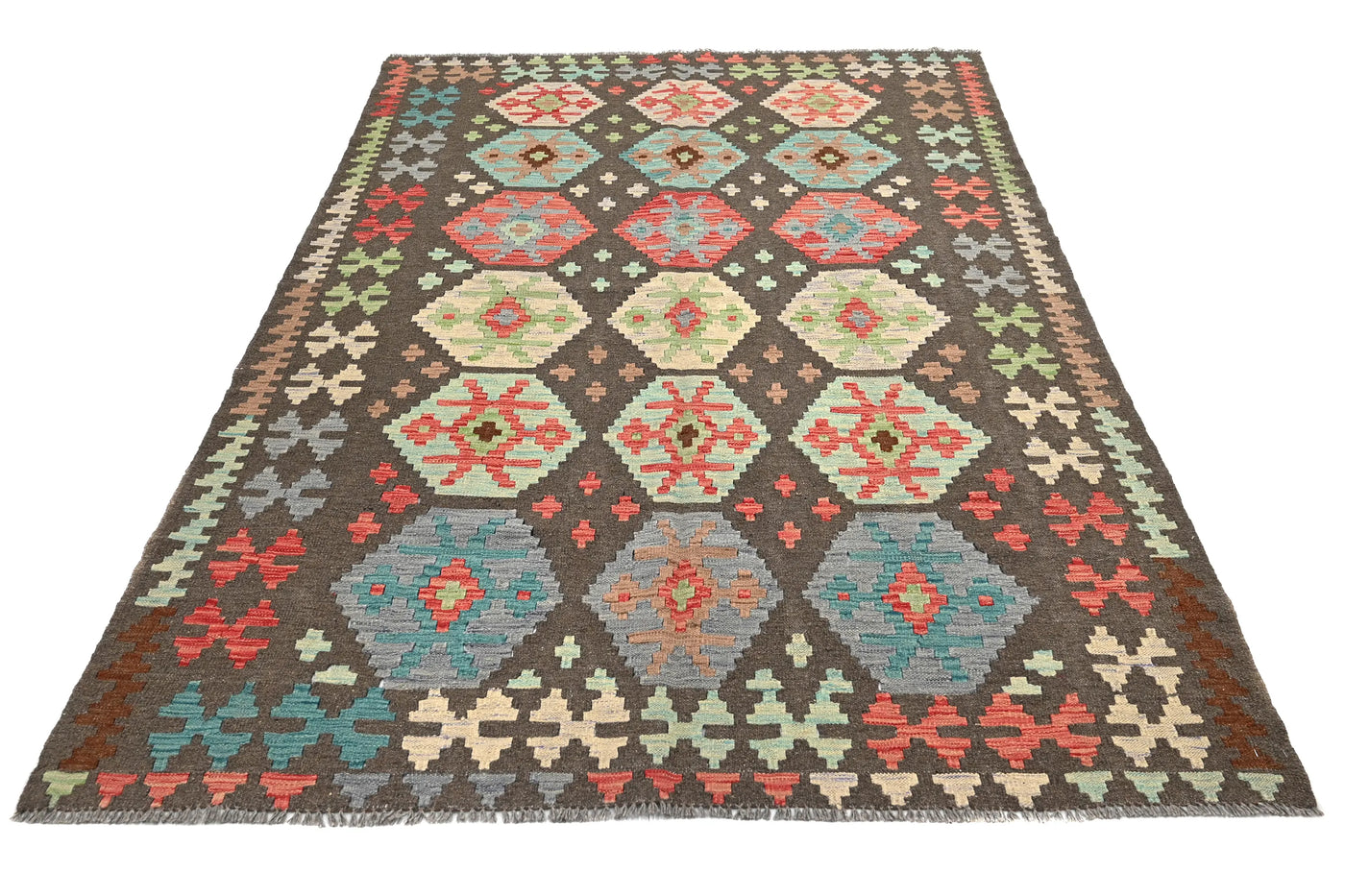 Maimana Kilim Afghan Rug – Charcoal Hexagon