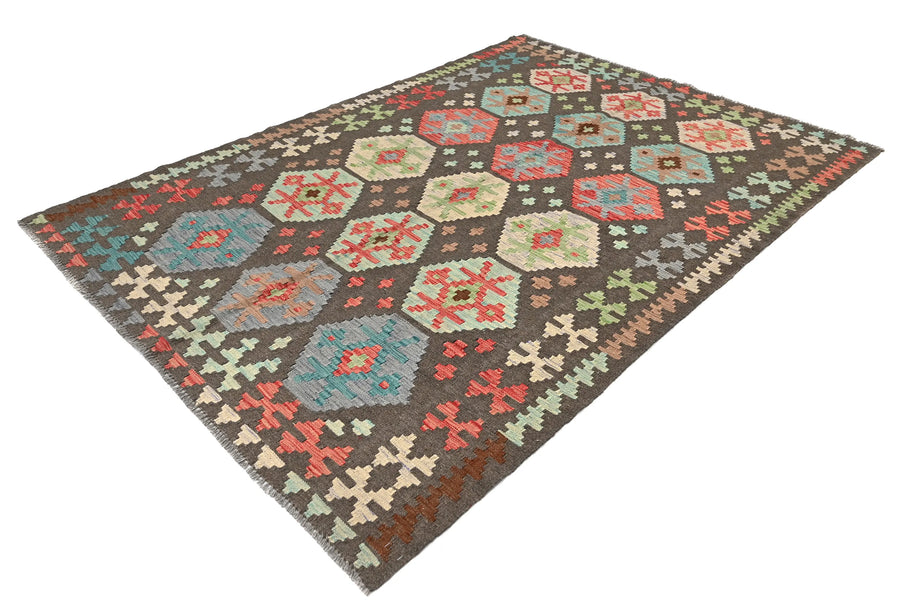 Maimana Kilim Afghan Rug – Charcoal Hexagon