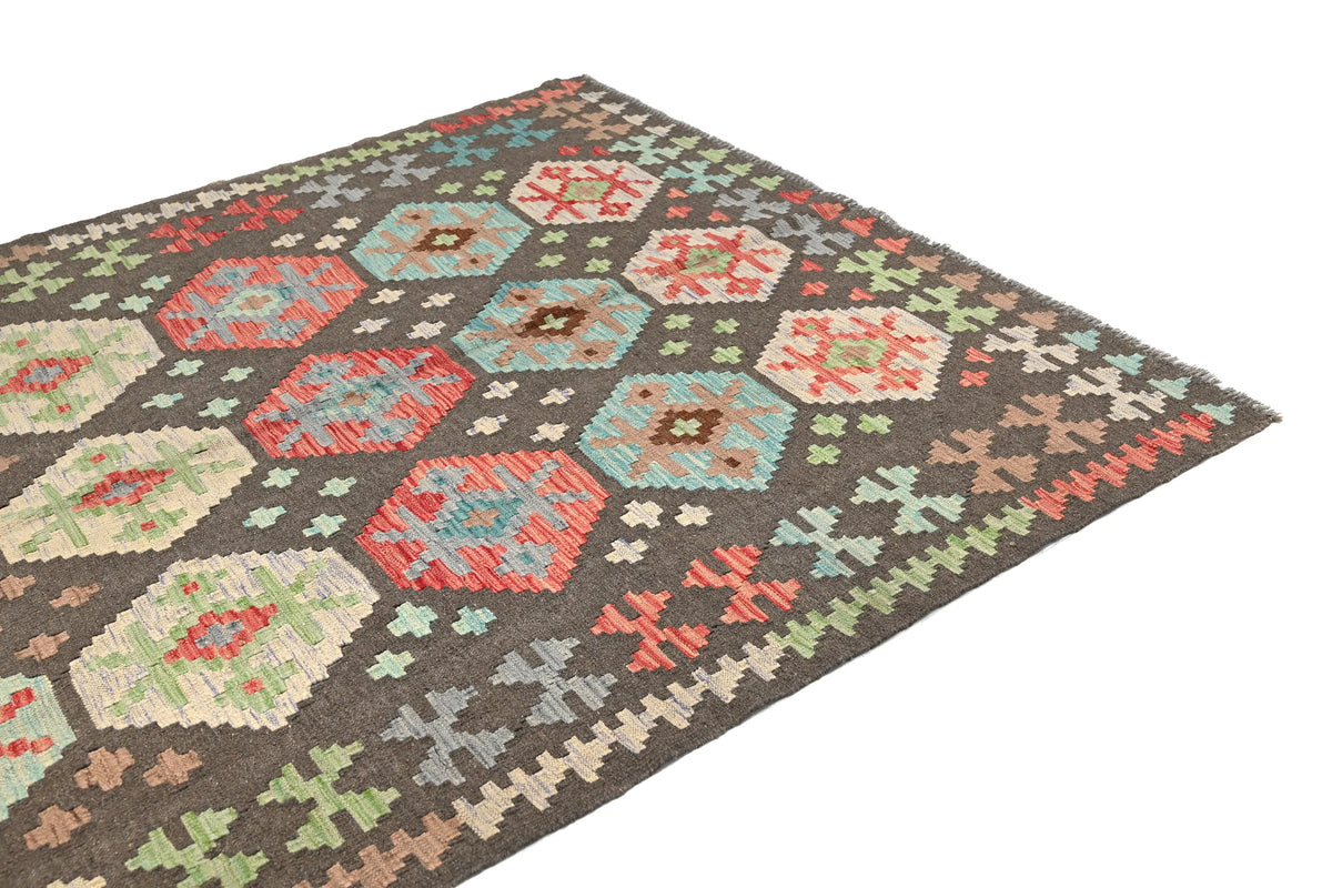 Maimana Kilim Afghan Rug – Charcoal Hexagon