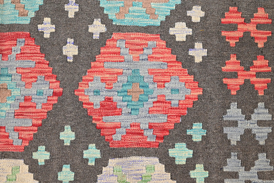 Maimana Kilim Afghan Rug – Charcoal Hexagon