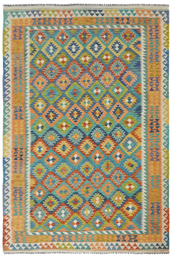 Maimana Kilim Afghan Rug – Azure Lattice