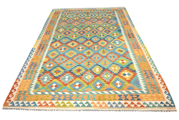 Maimana Kilim Afghan Rug – Azure Lattice