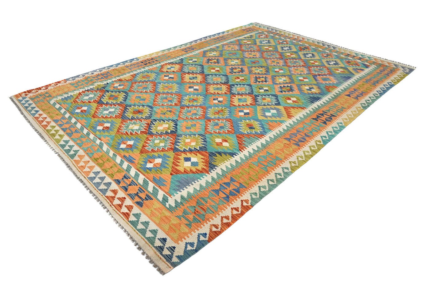 Maimana Kilim Afghan Rug – Azure Lattice