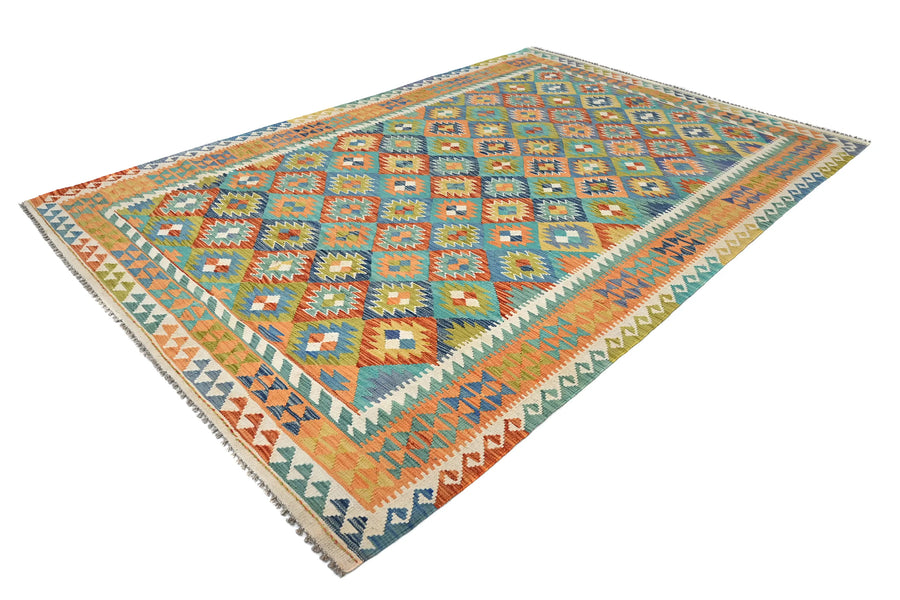 Maimana Kilim Afghan Rug – Azure Lattice