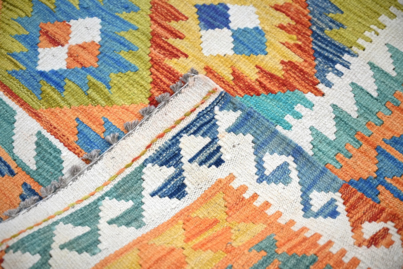 Maimana Kilim Afghan Rug – Azure Lattice