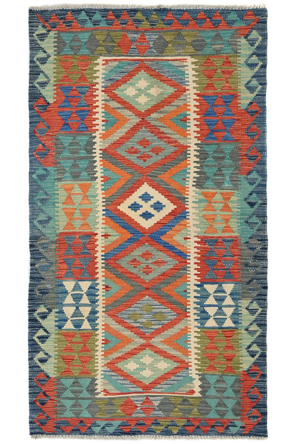 Maimana Kilim Afghan Rug – Azure Diamond