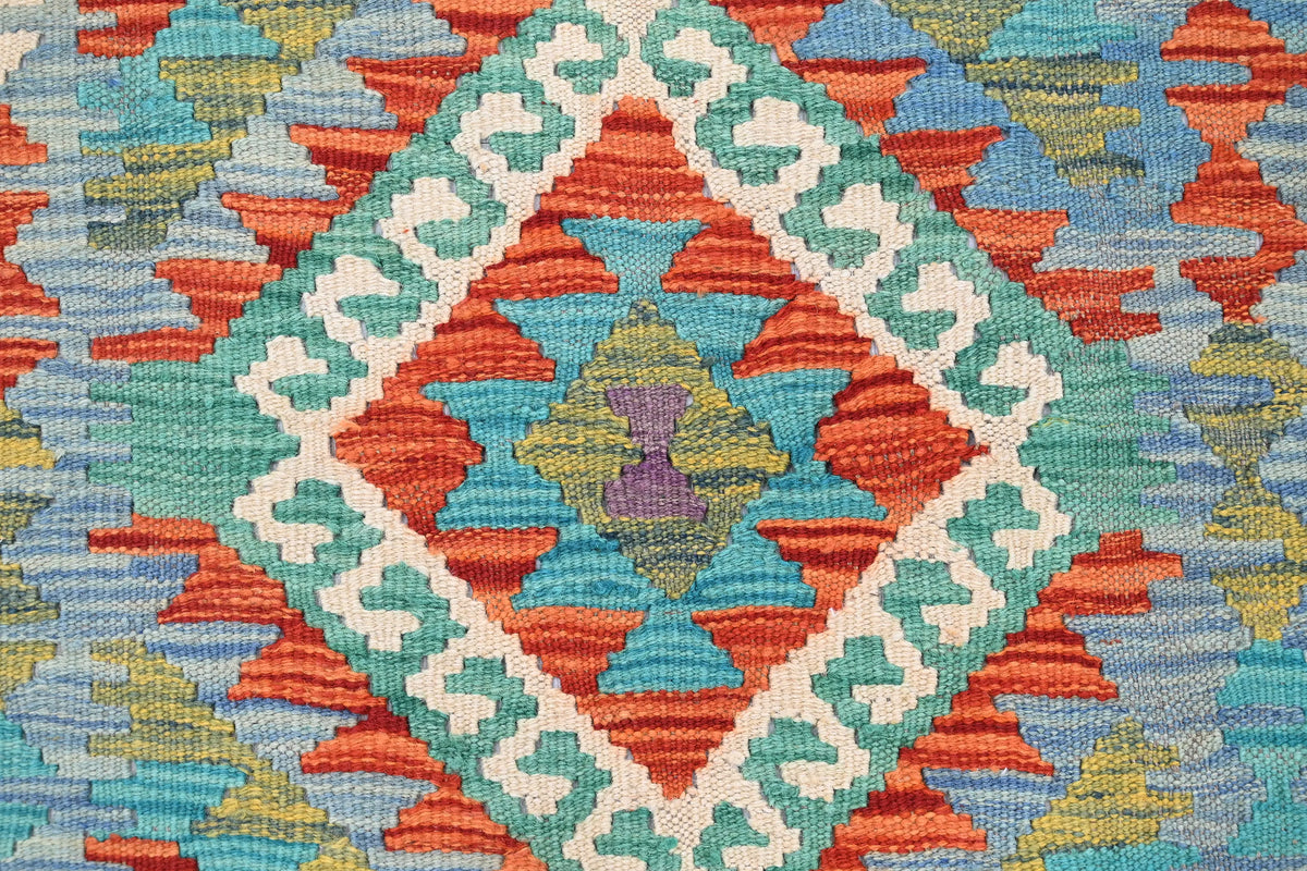 Maimana Kilim Afghan Rug – Turquoise Chevron