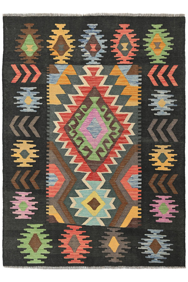 Maimana Kilim Afghan Rug – Charcoal Crest