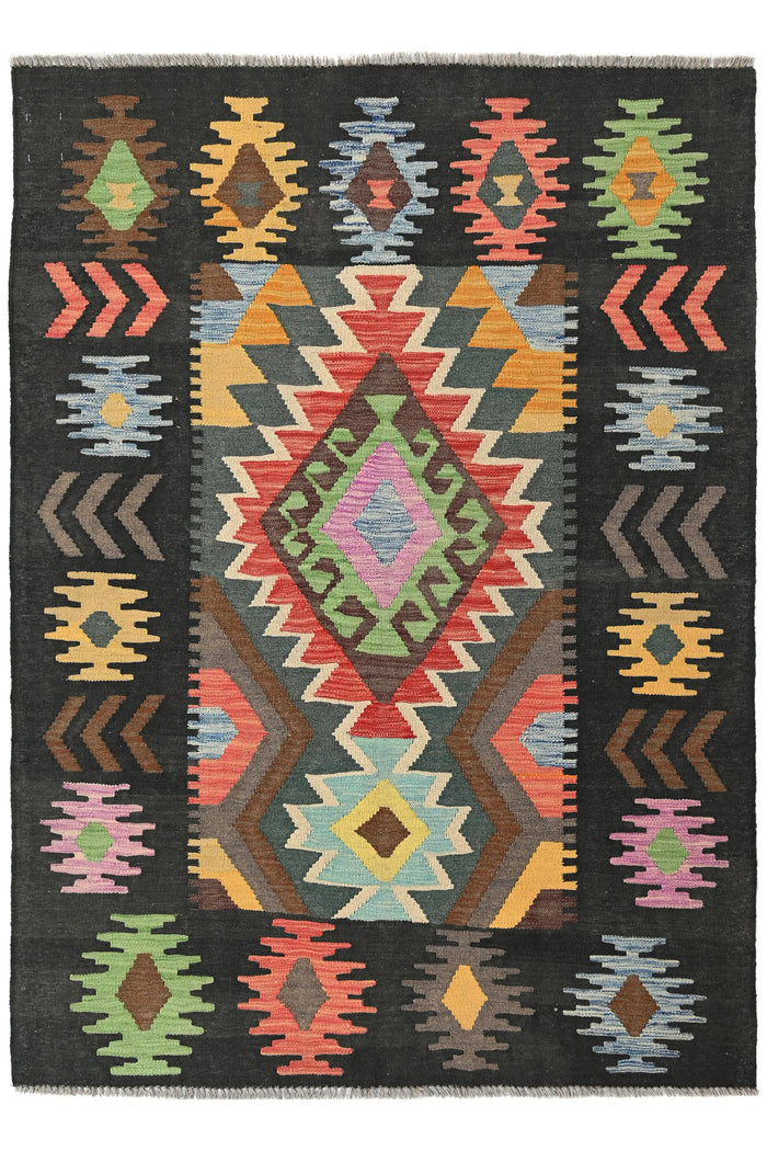 Maimana Kilim Afghan Rug – Charcoal Crest